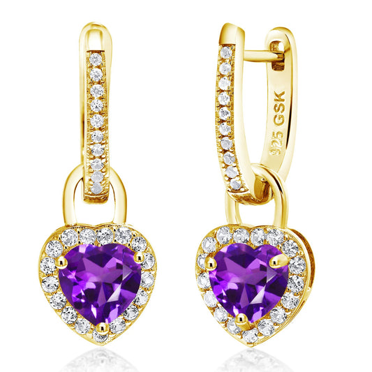 18K Yellow Gold Plated Silver Heart Gemstone Birthstone and White Created Sapphire Earrings | Heart Shape 6MM | Drop Dangle Earrings for Women