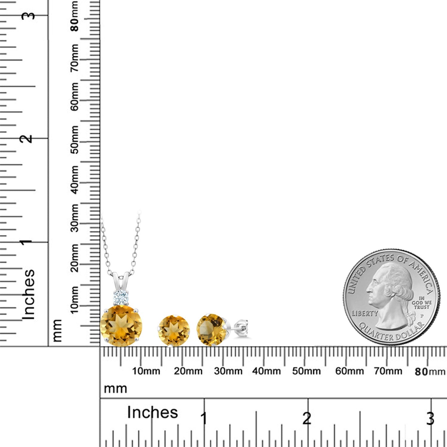 925 Sterling Silver Yellow Citrine and Sky Blue Aquamarine Pendant and Earrings Jewelry Set For Women (6.29 Cttw, Round 10MM, Gemstone November Birthstone, with 18 Inch Silver Chain)