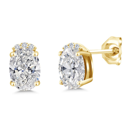 18K Yellow Gold Plated Silver Gemstone Birthstone and Round White Lab Grown Diamond Stud Earrings For Women | Oval 7X5MM | Fine Jewelry for Her Mom Women Wife