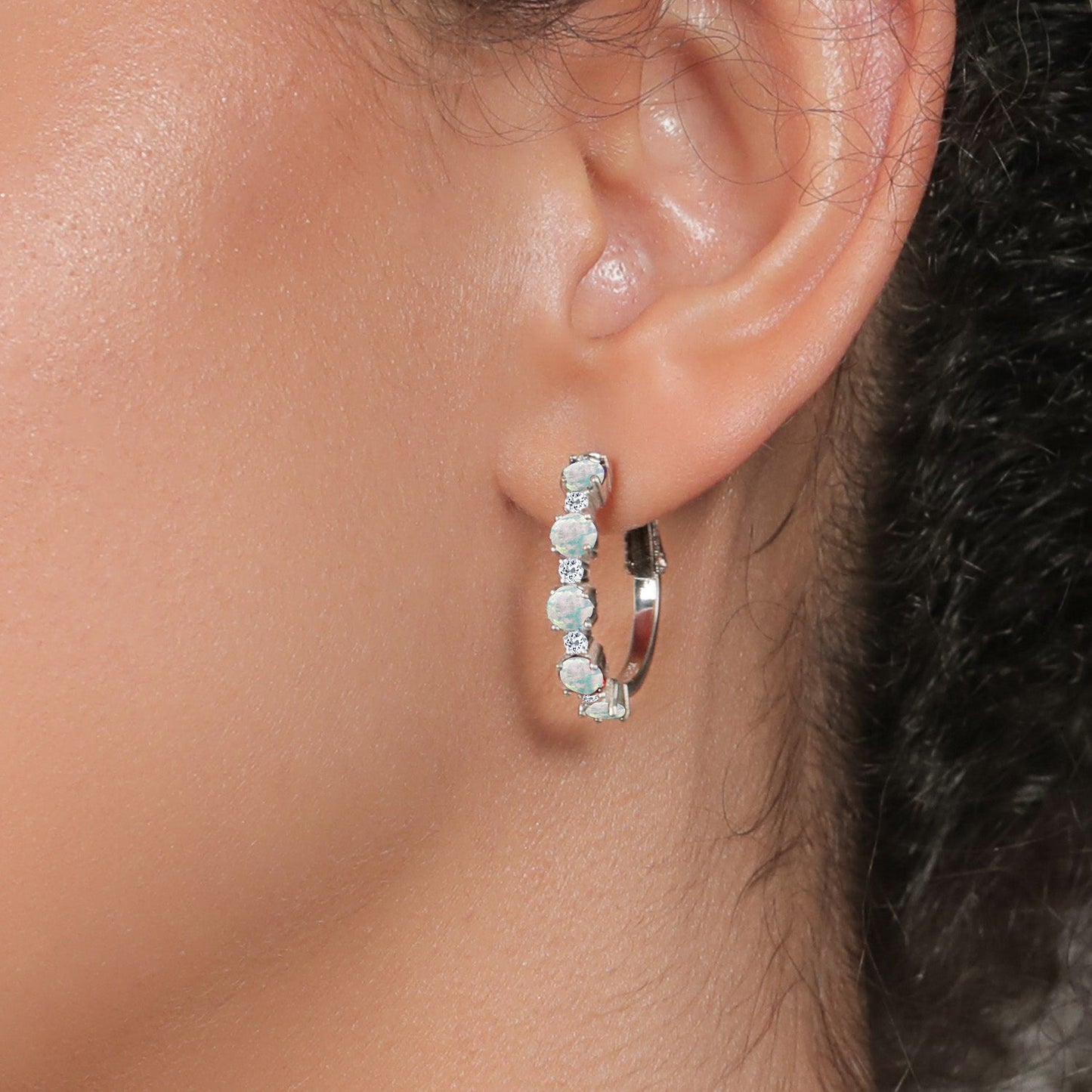 925 Sterling Silver Gemstone Birthstone and White Topaz Hoop Earrings for Women | Round Cut 4MM and 1.9MM Stones | 1 Inch Diameter Hoops | Fine Jewelry for Her Mom Wife Women