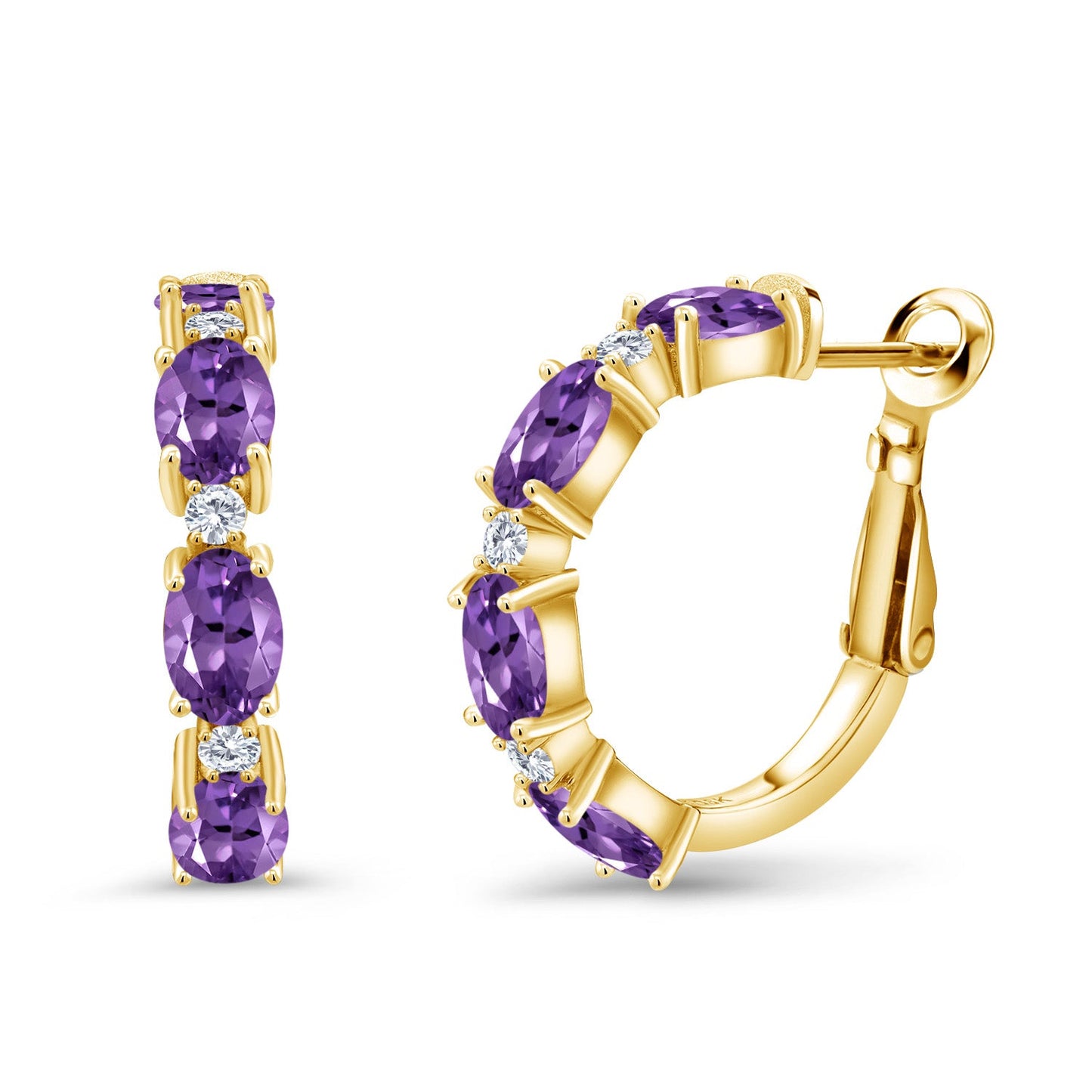 3-5 Cttw Oval Gemstone Birthstone and White Lab Grown Diamond Accent Hoop Earrings For Women | 18K Yellow Gold Plated Silver | Oval 6X4MM and Round 2MM | 20MM = 0.80 Inch