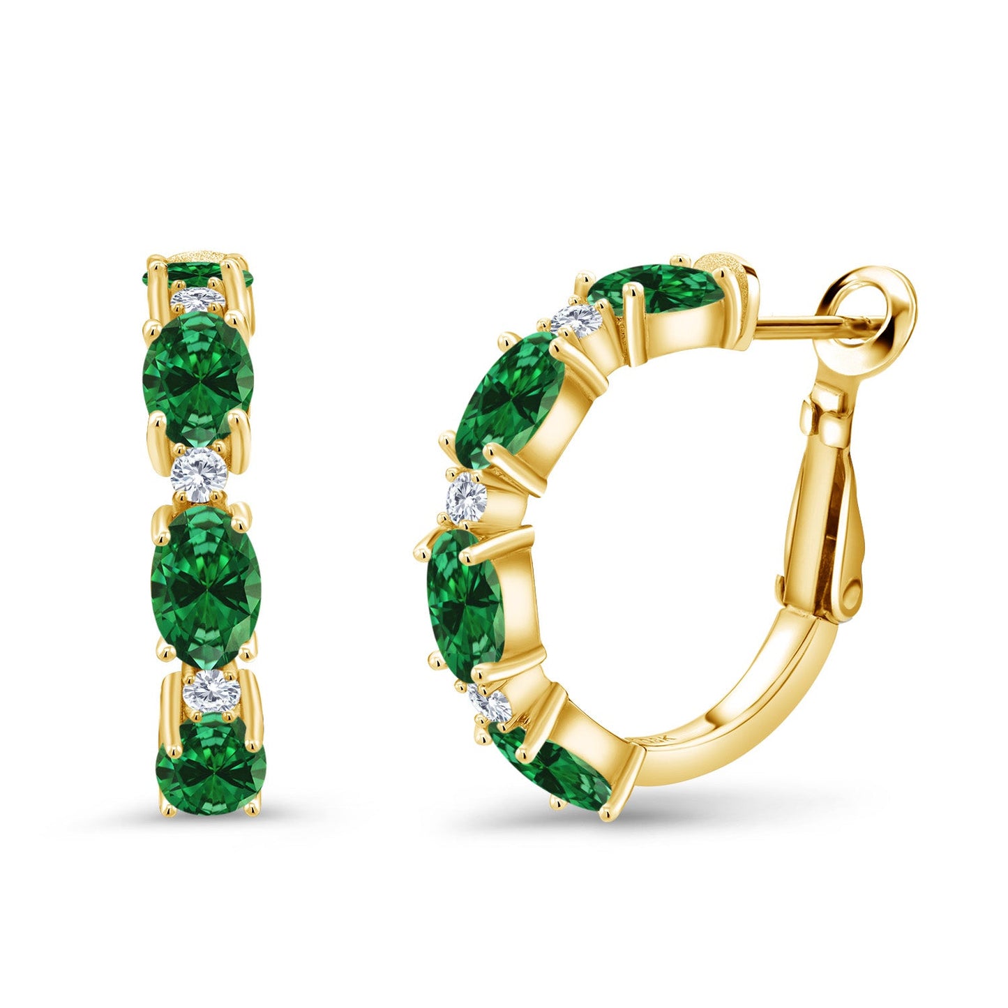 3-5 Cttw Oval Gemstone Birthstone and White Lab Grown Diamond Accent Hoop Earrings For Women | 18K Yellow Gold Plated Silver | Oval 6X4MM and Round 2MM | 20MM = 0.80 Inch