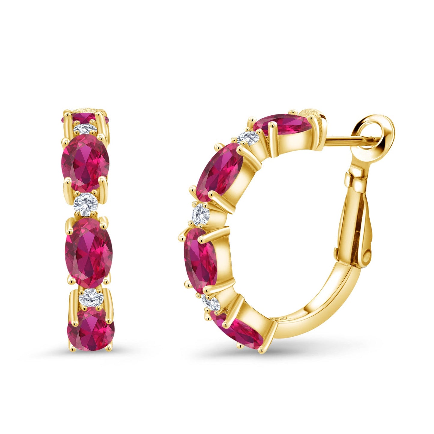 3-5 Cttw Oval Gemstone Birthstone and White Lab Grown Diamond Accent Hoop Earrings For Women | 18K Yellow Gold Plated Silver | Oval 6X4MM and Round 2MM | 20MM = 0.80 Inch