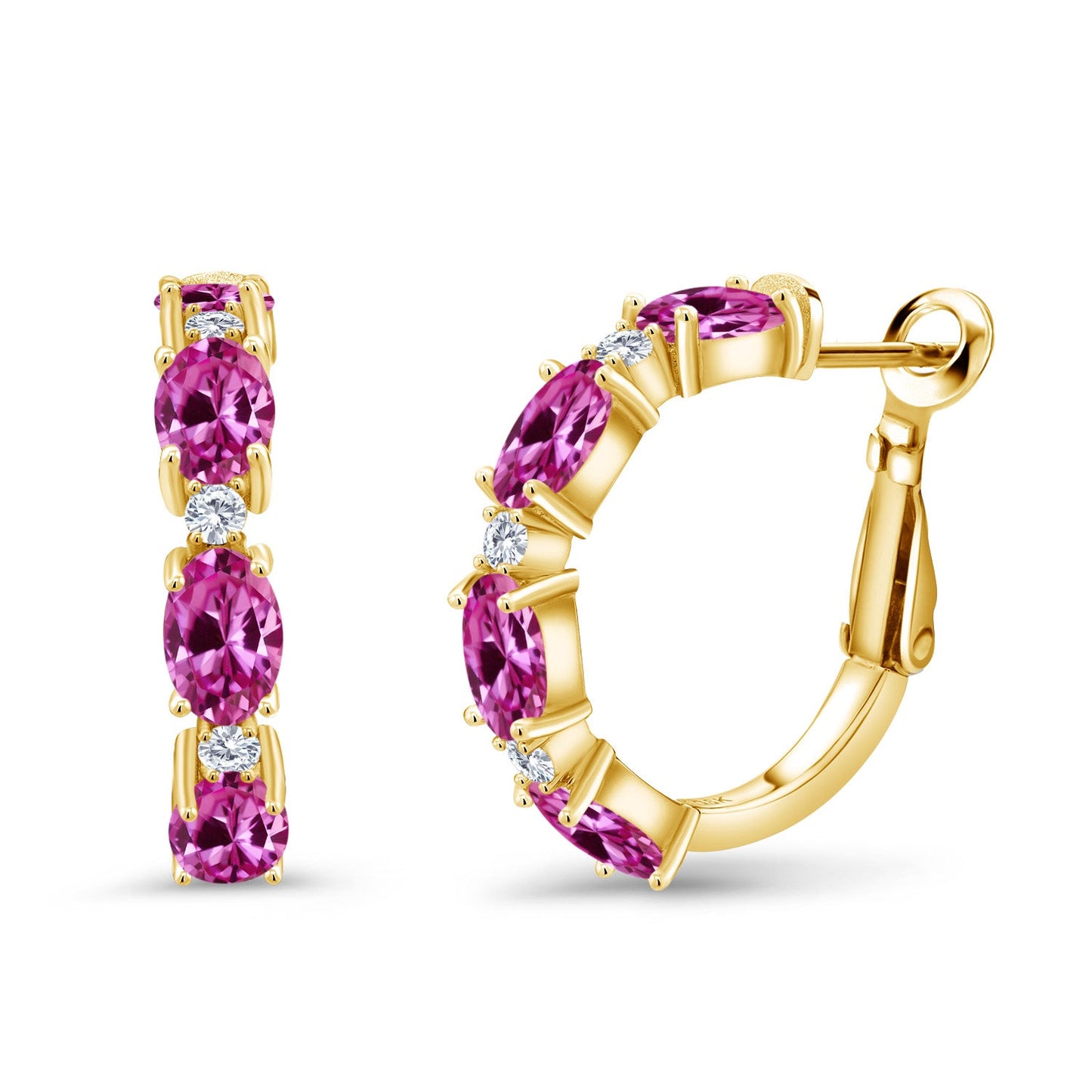 3-5 Cttw Oval Gemstone Birthstone and White Lab Grown Diamond Accent Hoop Earrings For Women | 18K Yellow Gold Plated Silver | Oval 6X4MM and Round 2MM | 20MM = 0.80 Inch