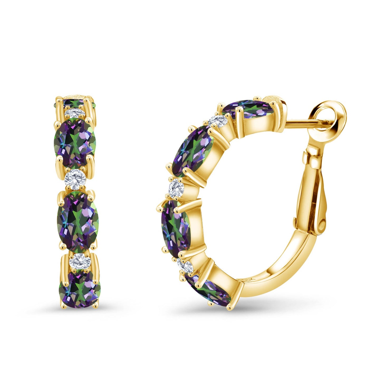 3-5 Cttw Oval Gemstone Birthstone and White Lab Grown Diamond Accent Hoop Earrings For Women | 18K Yellow Gold Plated Silver | Oval 6X4MM and Round 2MM | 20MM = 0.80 Inch