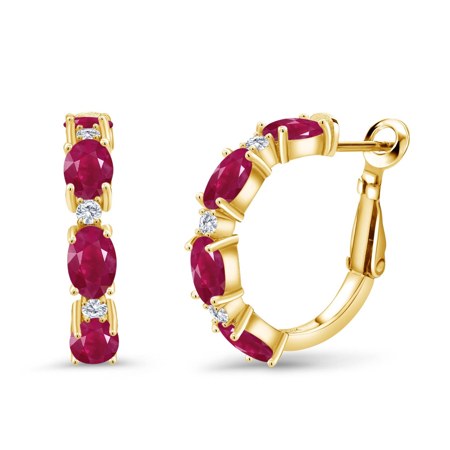 3-5 Cttw Oval Gemstone Birthstone and White Lab Grown Diamond Accent Hoop Earrings For Women | 18K Yellow Gold Plated Silver | Oval 6X4MM and Round 2MM | 20MM = 0.80 Inch