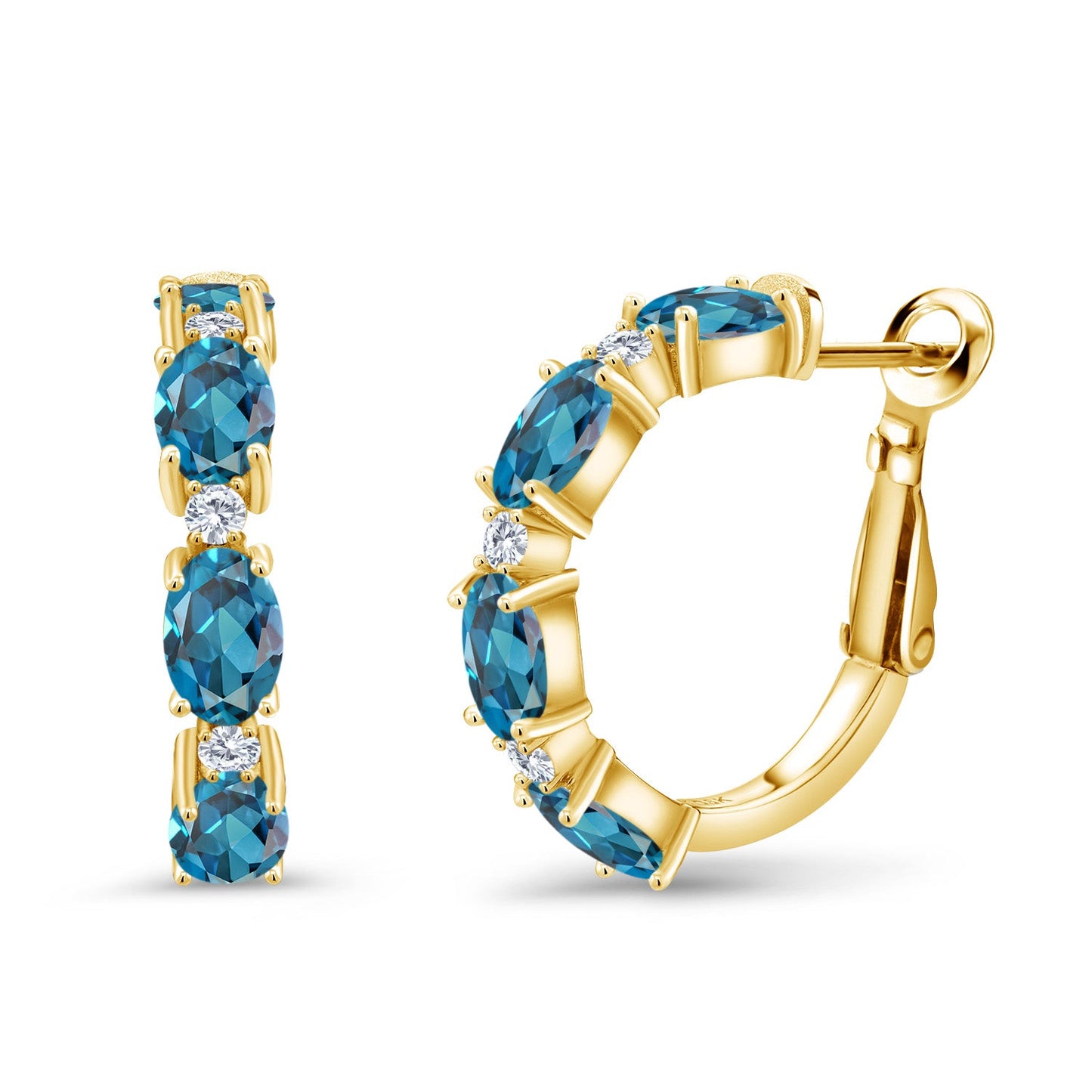 3-5 Cttw Oval Gemstone Birthstone and White Lab Grown Diamond Accent Hoop Earrings For Women | 18K Yellow Gold Plated Silver | Oval 6X4MM and Round 2MM | 20MM = 0.80 Inch