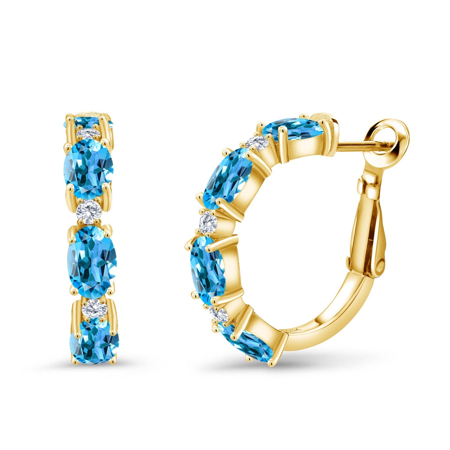 3-5 Cttw Oval Gemstone Birthstone and White Lab Grown Diamond Accent Hoop Earrings For Women | 18K Yellow Gold Plated Silver | Oval 6X4MM and Round 2MM | 20MM = 0.80 Inch