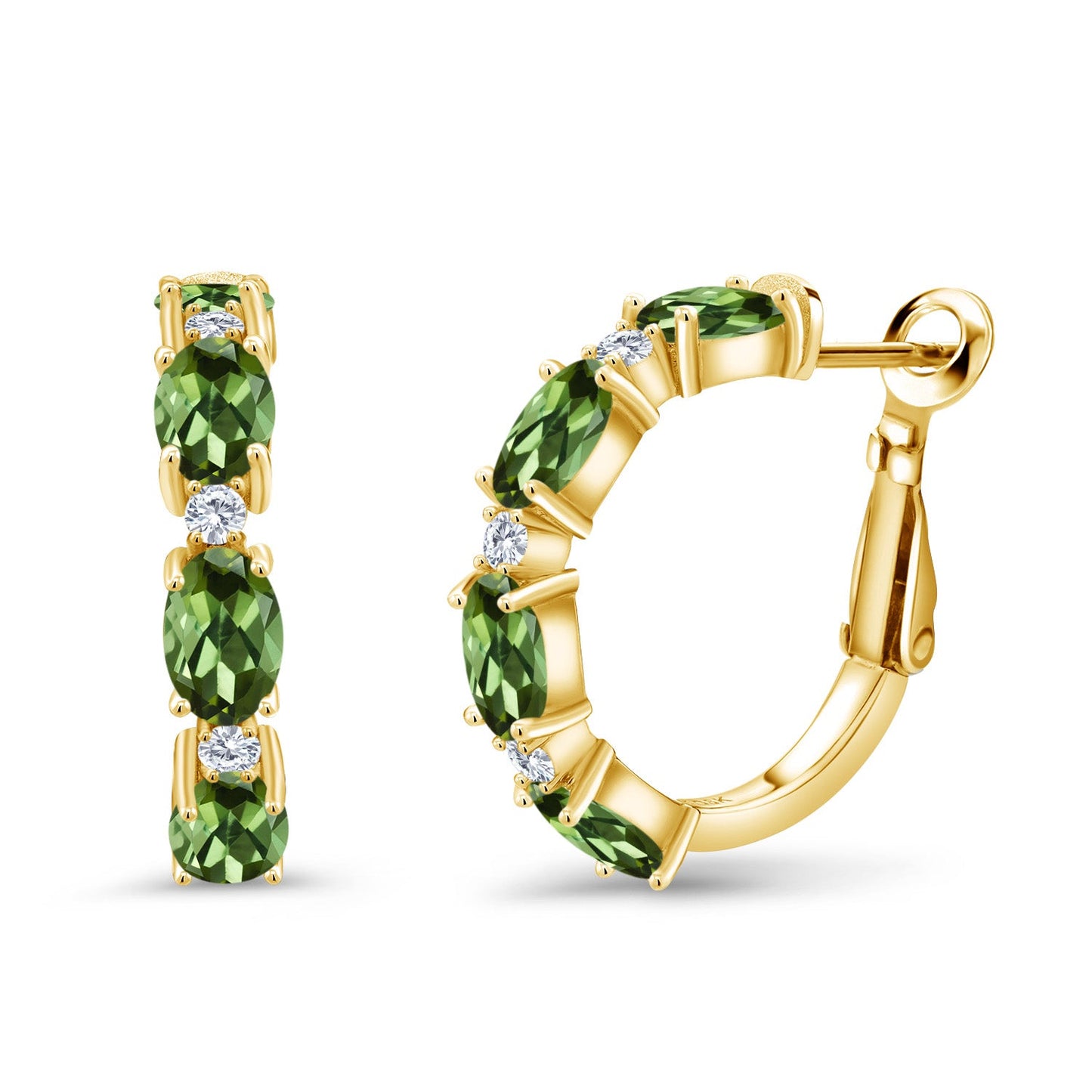 3-5 Cttw Oval Gemstone Birthstone and White Lab Grown Diamond Accent Hoop Earrings For Women | 18K Yellow Gold Plated Silver | Oval 6X4MM and Round 2MM | 20MM = 0.80 Inch