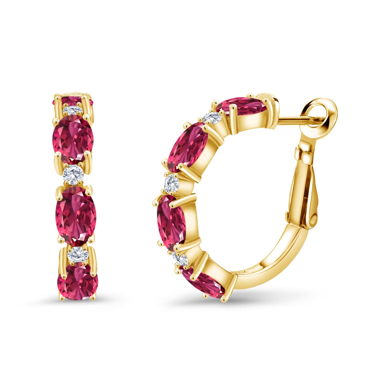 3-5 Cttw Oval Gemstone Birthstone and White Lab Grown Diamond Accent Hoop Earrings For Women | 18K Yellow Gold Plated Silver | Oval 6X4MM and Round 2MM | 20MM = 0.80 Inch