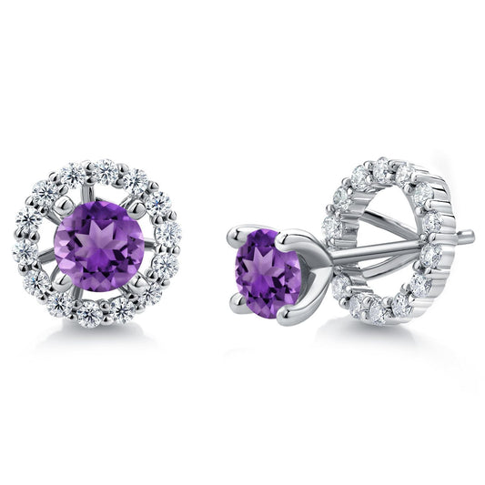 925 Sterling Silver Gemstone Birthstone and White Moissanite Earrings | Studs with Removable Jackets for Women | Center Round 5MM
