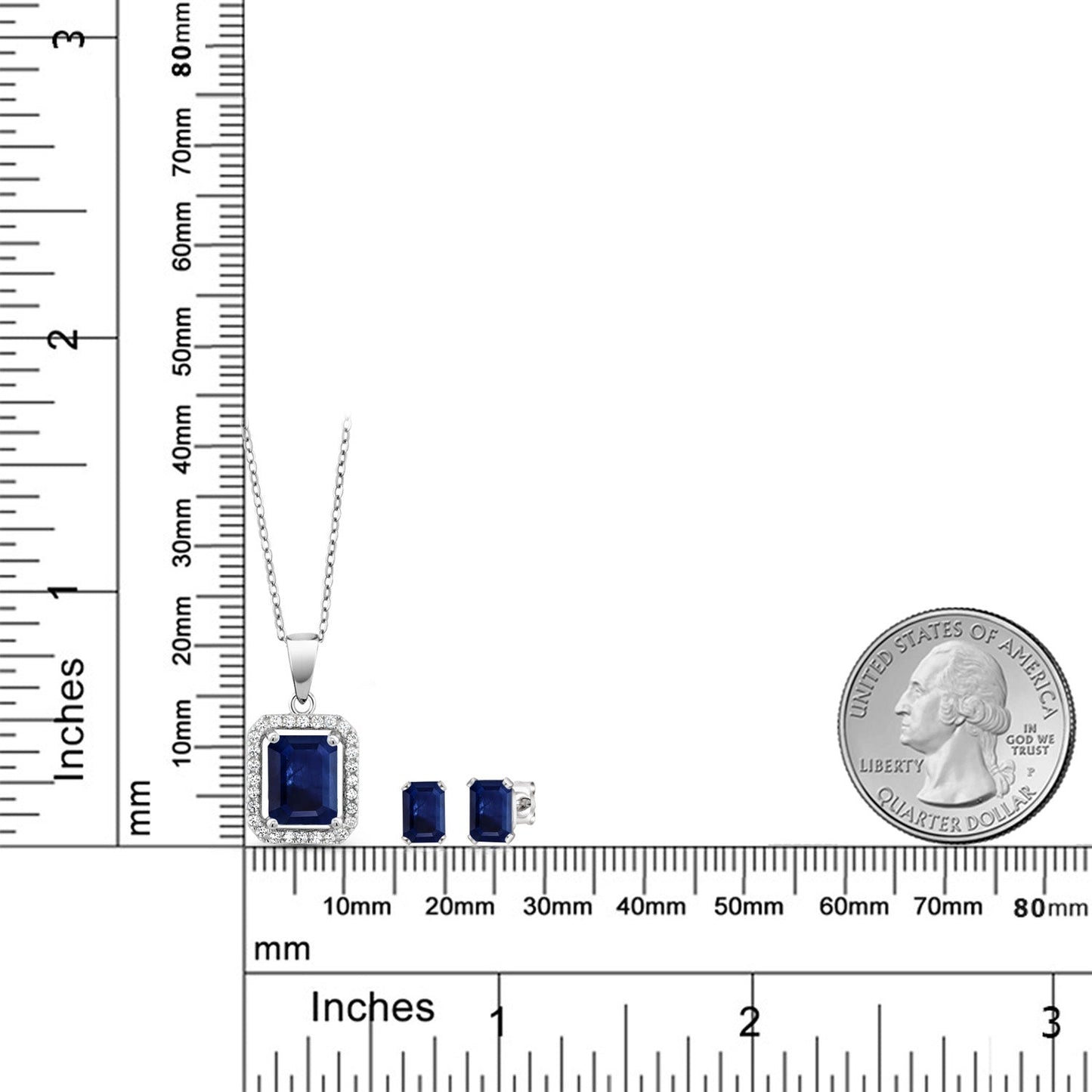 925 Sterling Silver Blue Sapphire Pendant and Earrings Jewelry Set For Women (4.04 Cttw, Emerald Cut 9X7MM and 6X4MM, Gemstone September Birthstone, with 18 Inch Chain)