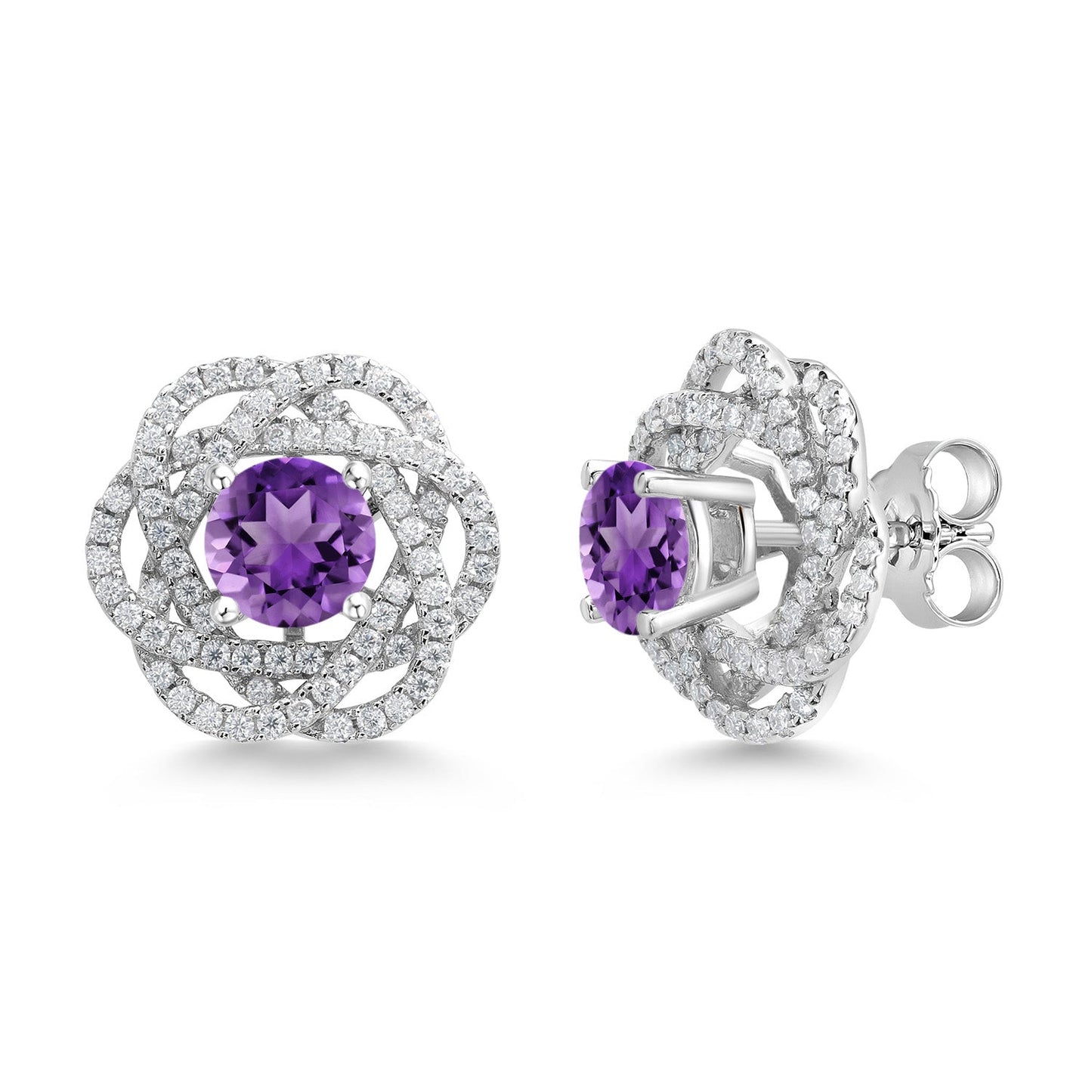 925 Sterling Silver Round 6MM Gemstone Birthstone Stud Earrings with White Moissanite Removable Earrings Jackets For Women