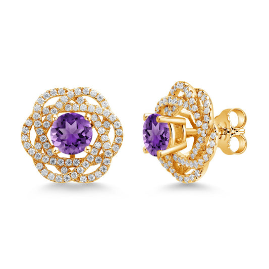 18K Yellow Gold Plated Silver Round 6MM Gemstone Birthstone Stud Earrings with White Moissanite Removable Earrings Jackets For Women