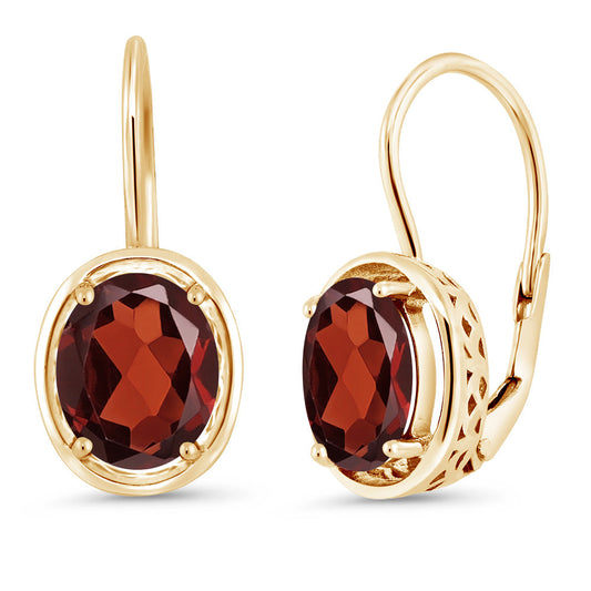 Red Garnet 18K Yellow Gold Plated Silver Dangle Earrings For Women (3.60 Cttw, Gemstone Birthstone, Oval 9X7MM)