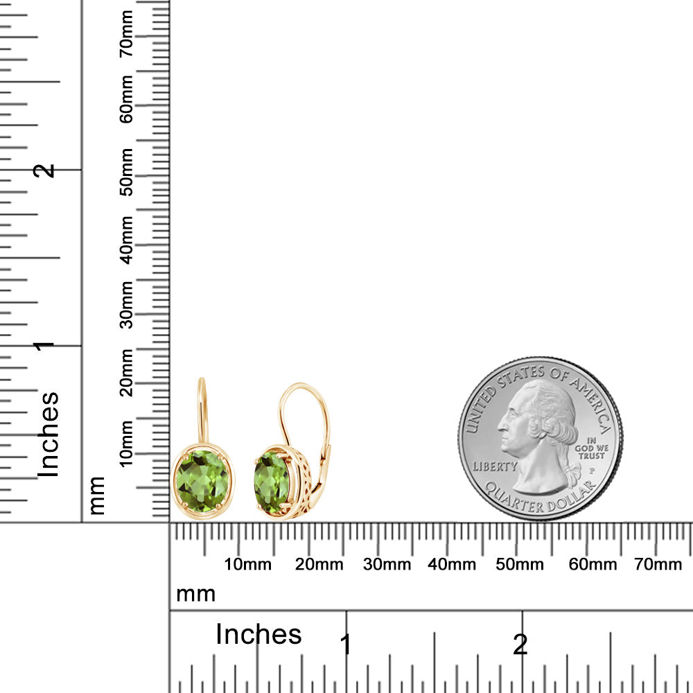 18K Yellow Gold Plated Silver Green Peridot Dangle Earrings For Women (3.60 Cttw, Gemstone Birthstone, Oval 9X7MM)