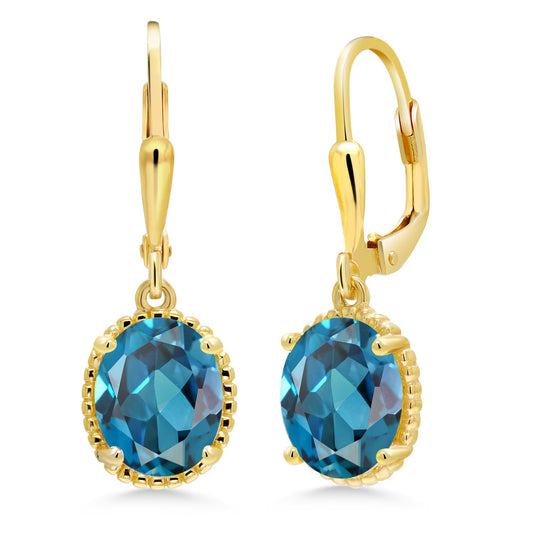 18K Yellow Gold Plated Silver 9X7MM Oval Gemstone Birthstone Leverback Drop Dangle Earrings | Gold Earrings For Women