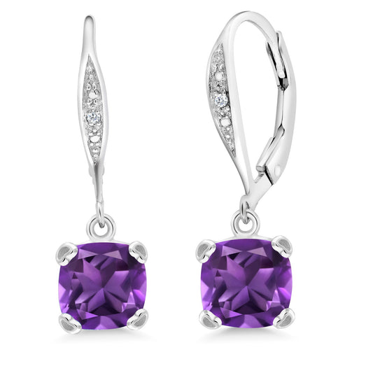 Drop Dangle Earrings For Women | 7MM Cushion Cut Gemstone Birthstone and White Diamond | 925 Sterling Silver | Fine Jewelry Gifts for Her Mom Women Wife