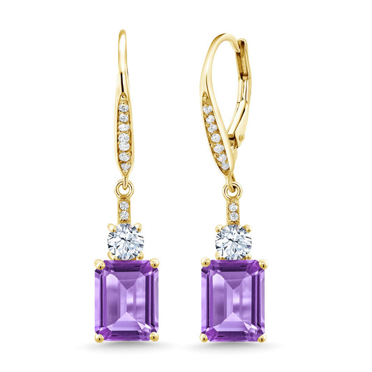 4-5 Cttw Leverback Drop Dangle Earrings For Women | 18K Yellow Gold Plated Silver | Emerald Cut 9X7MM Gemstone Birthstone | Fine Jewelry Gifts for Her Mom Anniversary Wedding