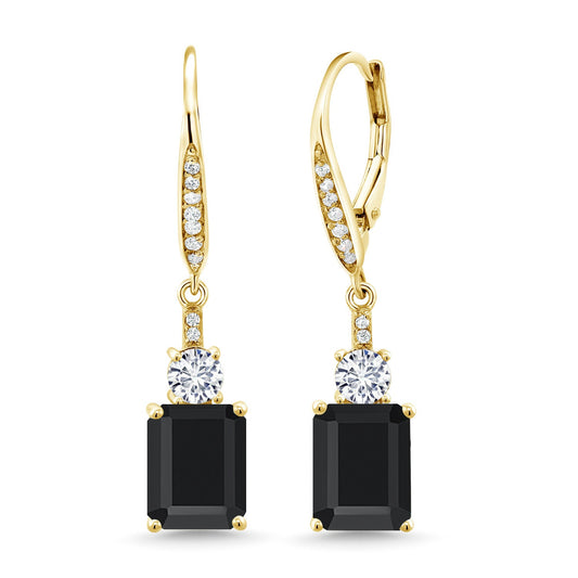 Gemstone Birthstone and White Moissanite Dangle Earrings For Women | 18K Yellow Gold Plated Silver | Emerald Cut 9X7MM with 4MM Round Accent | Elegant Drop Design