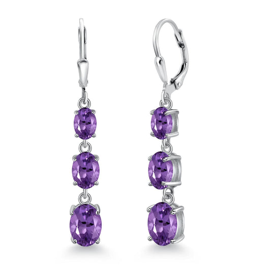 3-Stone Leverback Drop Dangle Earrings For Women | 925 Sterling Silver | Gemstone Birthstone | Oval 8X6MM 7X5MM and 6X4MM | Fine Jewelry Gifts for Her Mom Women Wife