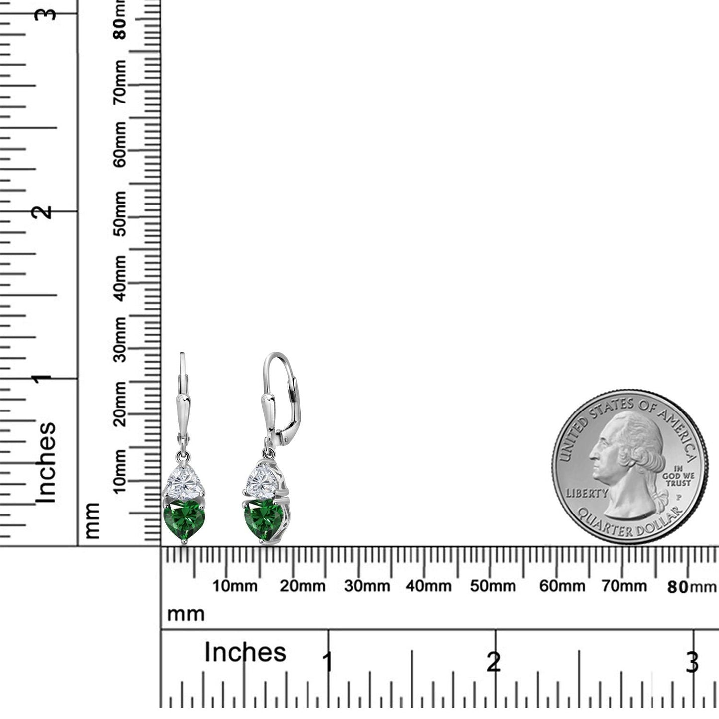 925 Sterling Silver Green Nano Emerald and Lab Grown Diamond Earrings for Women | 2.14 Cttw | Gemstone May Birthstone | Heart Shape 6MM