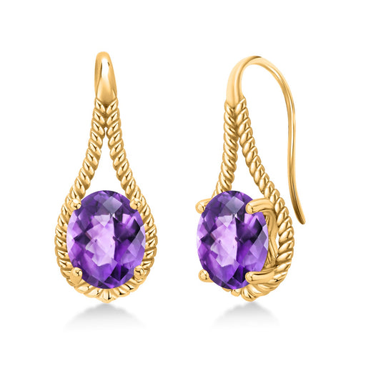 18K Yellow Gold Plated 9X7MM Oval Gemstone Birthstone French Wire Dangle Hook Earrings For Women