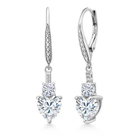 Leverback Drop Dangle Earrings for Women in 925 Sterling Silver | Gemstone Birthstone and White Moissanite with Lab Grown Diamond Accents | Heart 7MM & Round 4MM | Fine Jewelry Her Mom Wife