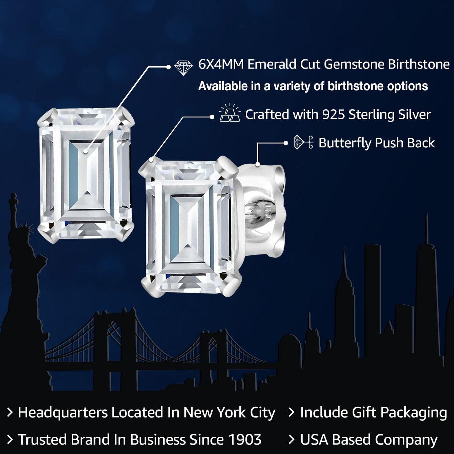 6X4MM Emerald Cut Gemstone Birthstone Stud Earrings For Women Men | 925 Sterling Silver | Fine Jewelry Gifts for Her Mom Women Wife