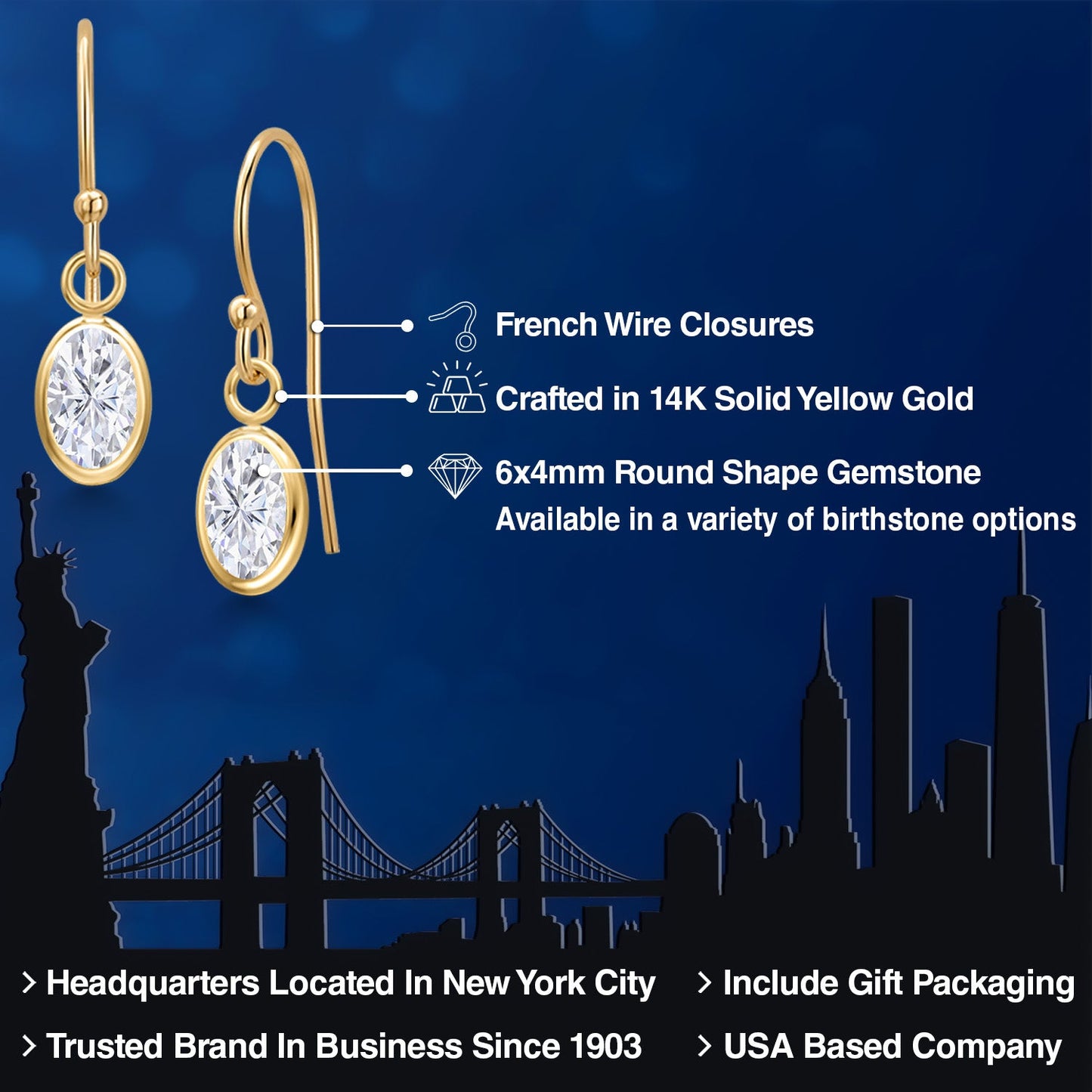 14K Yellow Gold Gemstone Birthstone French Wire Dangle Earrings for Women | Oval 6X4MM | Gold Jewelry for Her Mom Wife