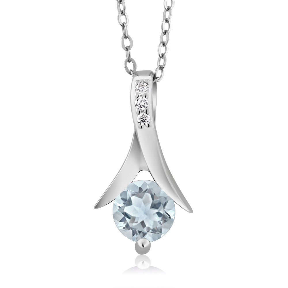925 Sterling Silver Aquamarine Pendant and Earrings Jewelry Set For Women (2.25 Cttw, Round Gemstone Birthstone, with 18 Inch Silver Chain)