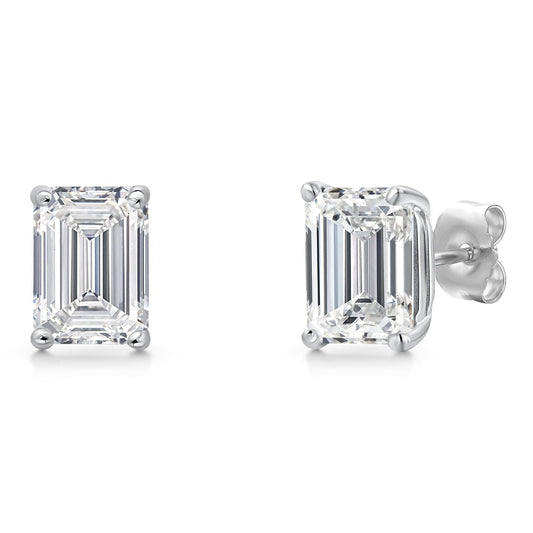 4.00 Cttw 14K White Gold IGI Certified Lab Grown Diamond Stud Basket Setting Earrings | Emerald Cut | E-F Color | VS1-VS2 Clarity | Double Notch | Gold Earrings For Women Men