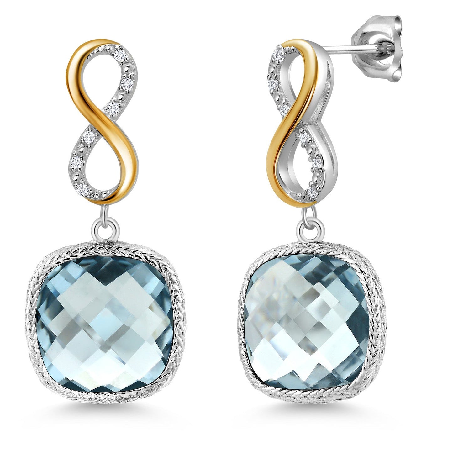 925 Sterling Silver Sky Blue Simulated Aquamarine and White Lab Grown Diamond Earrings for Women | 12.06 Cttw | Gemstone March Birthstone | Cushion 12MM