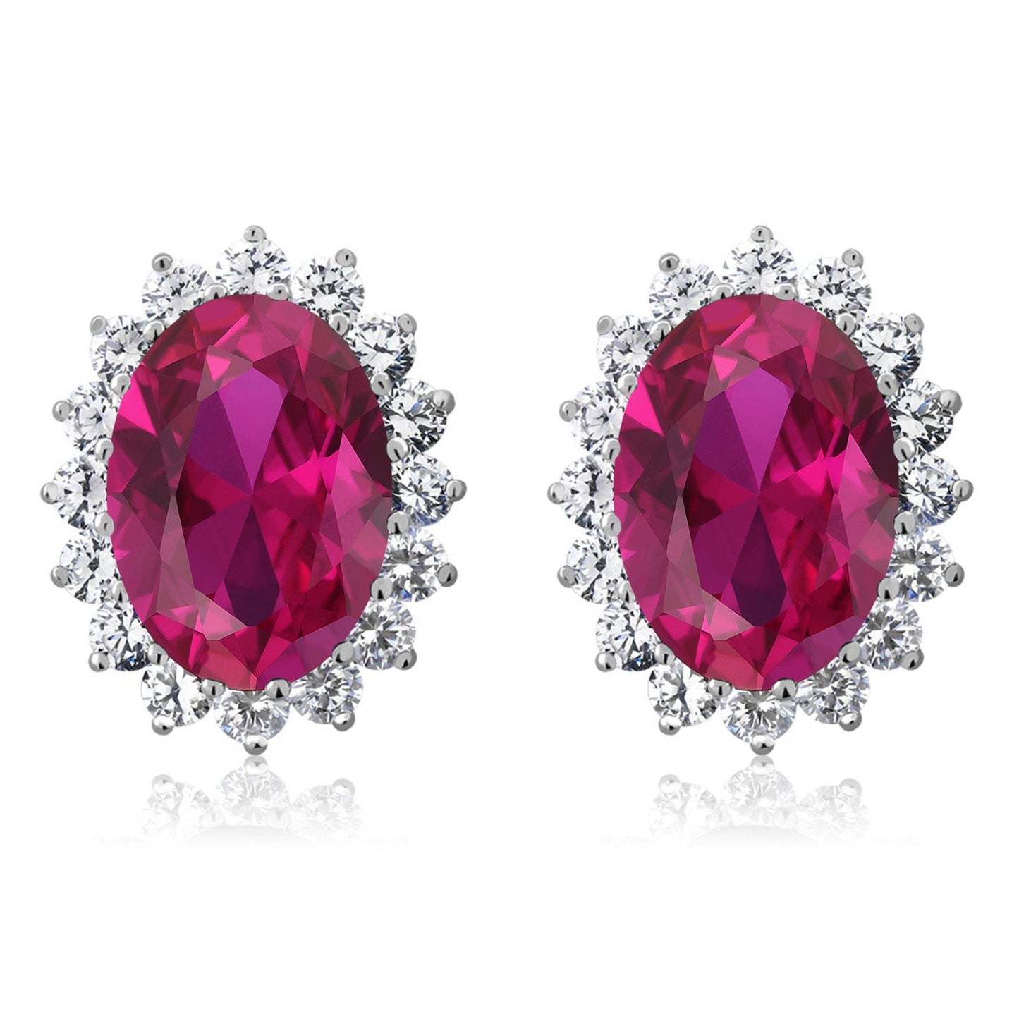 15.00 Cttw Blue Simulated Sapphire or Green Simulated Emerald or Red Created Ruby Halo Earrings For Women In 925 Sterling Silver | Oval 14X10MM