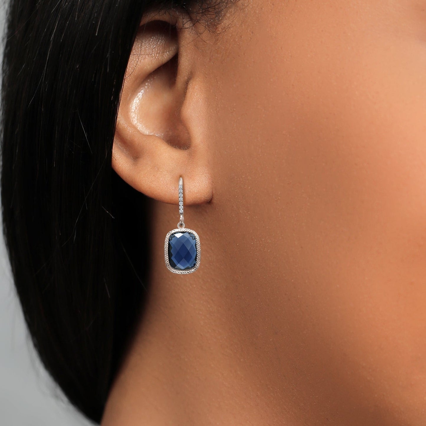 Blue Simulated Sapphire Drop Dangle French Wire Earrings For Women | 925 Sterling Silver | 13X9MM Cushion Checkerboard Cut | 4.60 Cttw