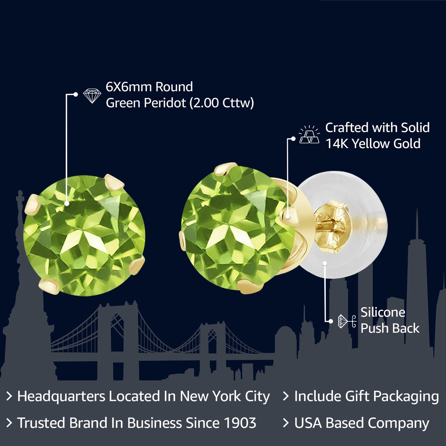 14K Yellow Gold Peridot Women Stud Earrings (2.00 Cttw, Gemstone Birthstone, Round 6MM)